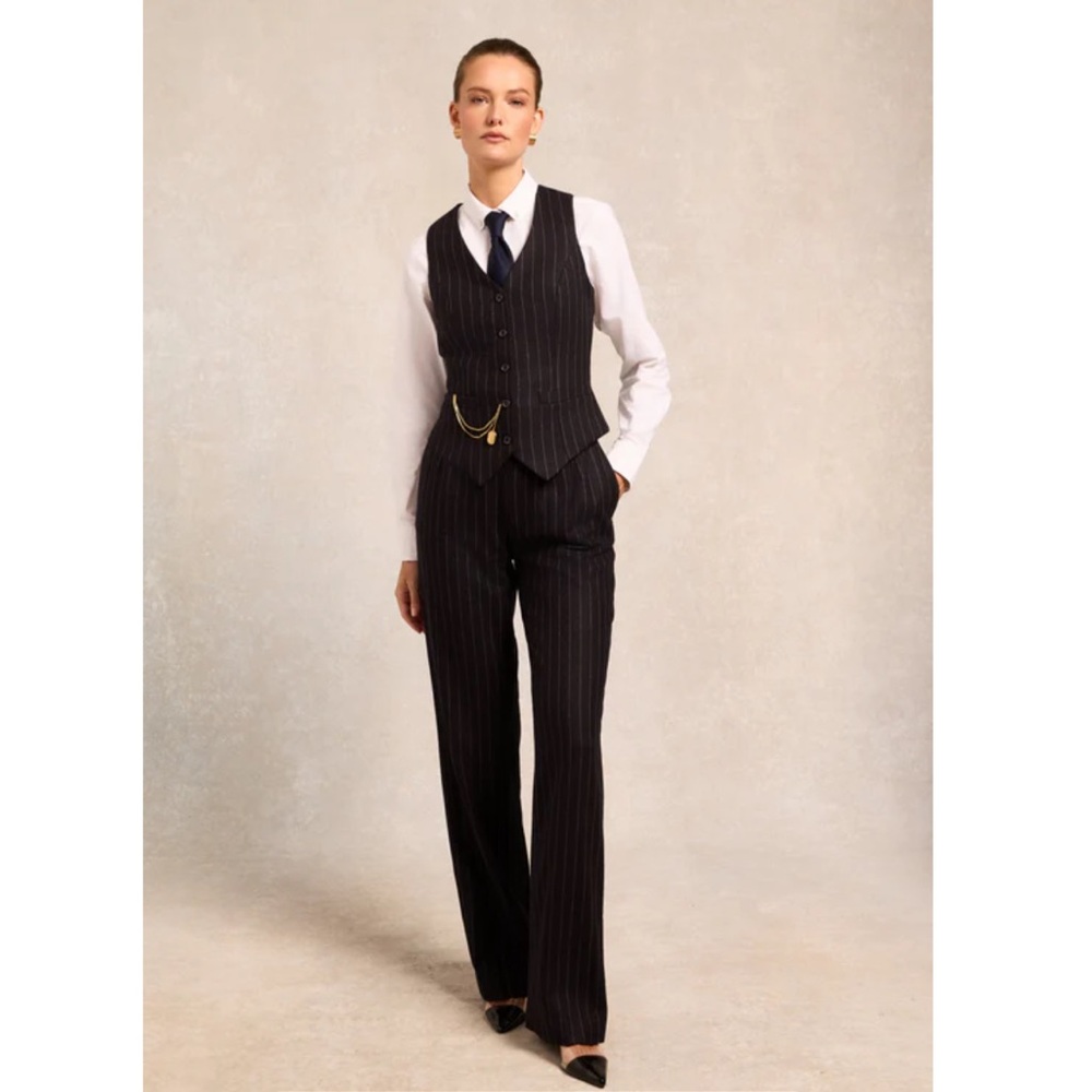 HOLLAND COOPER Sophisticated Navy Chalk Pinstripe High Waist Straight Pants 2 4